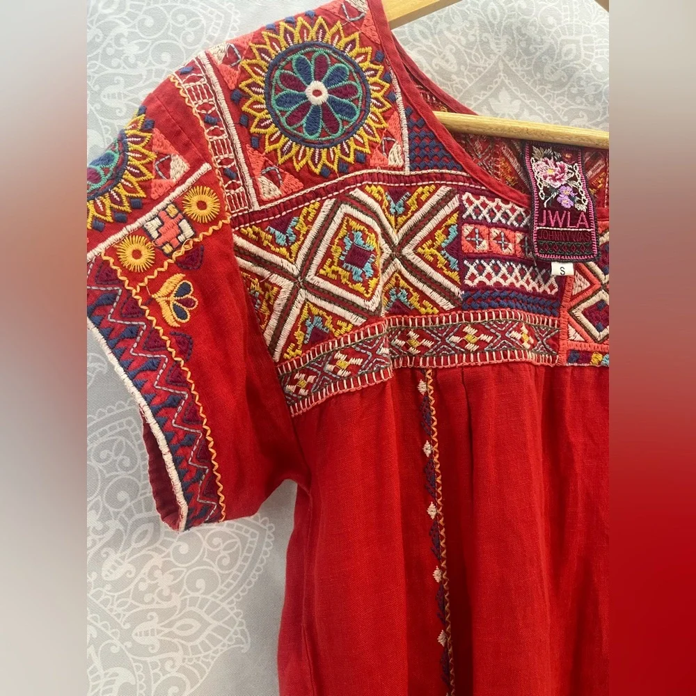 Johnny Was Red Embroidered Linen Dress/Tunic, Women’s Small; Beach Boho Beauty! - Picture 15 of 17
